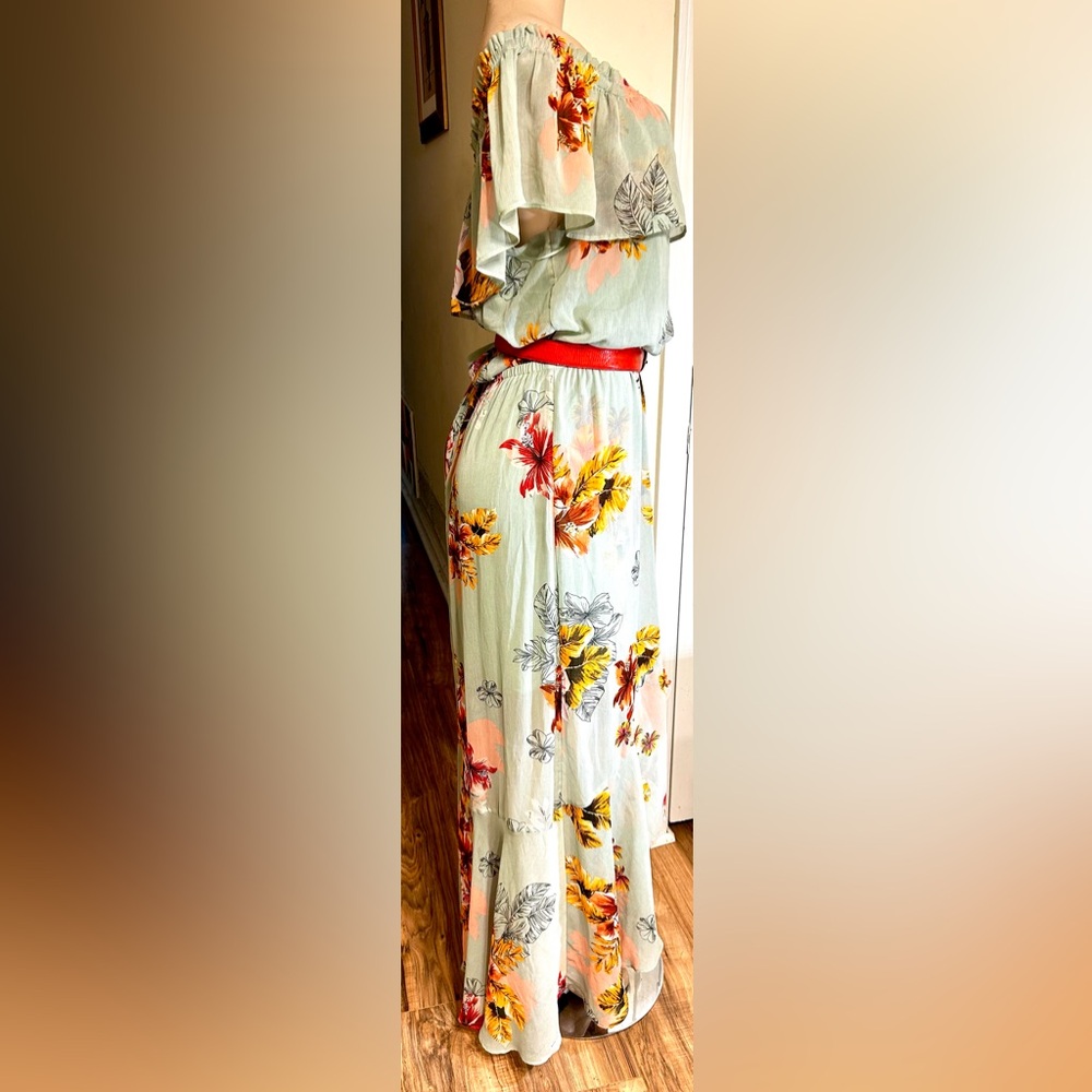 Express Ruffle Floral Maxi Dress with Front Ruffle Split - Picture 2 of 5